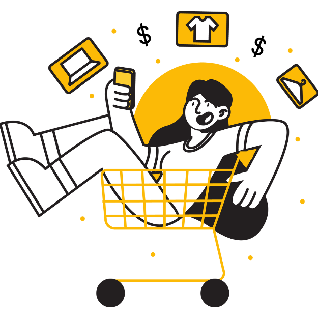 A happy person relaxing in a shopping cart while holding a phone, symbolizing the convenience of selling a device to Resellfone with their home pickup service.