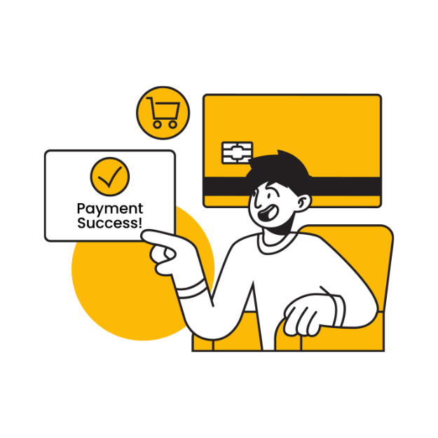 A cheerful person pointing to a "Payment Success" message on their phone, with a credit card and shopping cart icons in the background, representing the instant payment options available when selling to Resellfone.